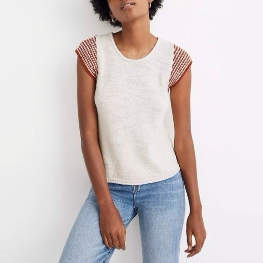 Madewell L Kimble Stripe Sleeve Sweater Antique Cream Short Sleeve XS